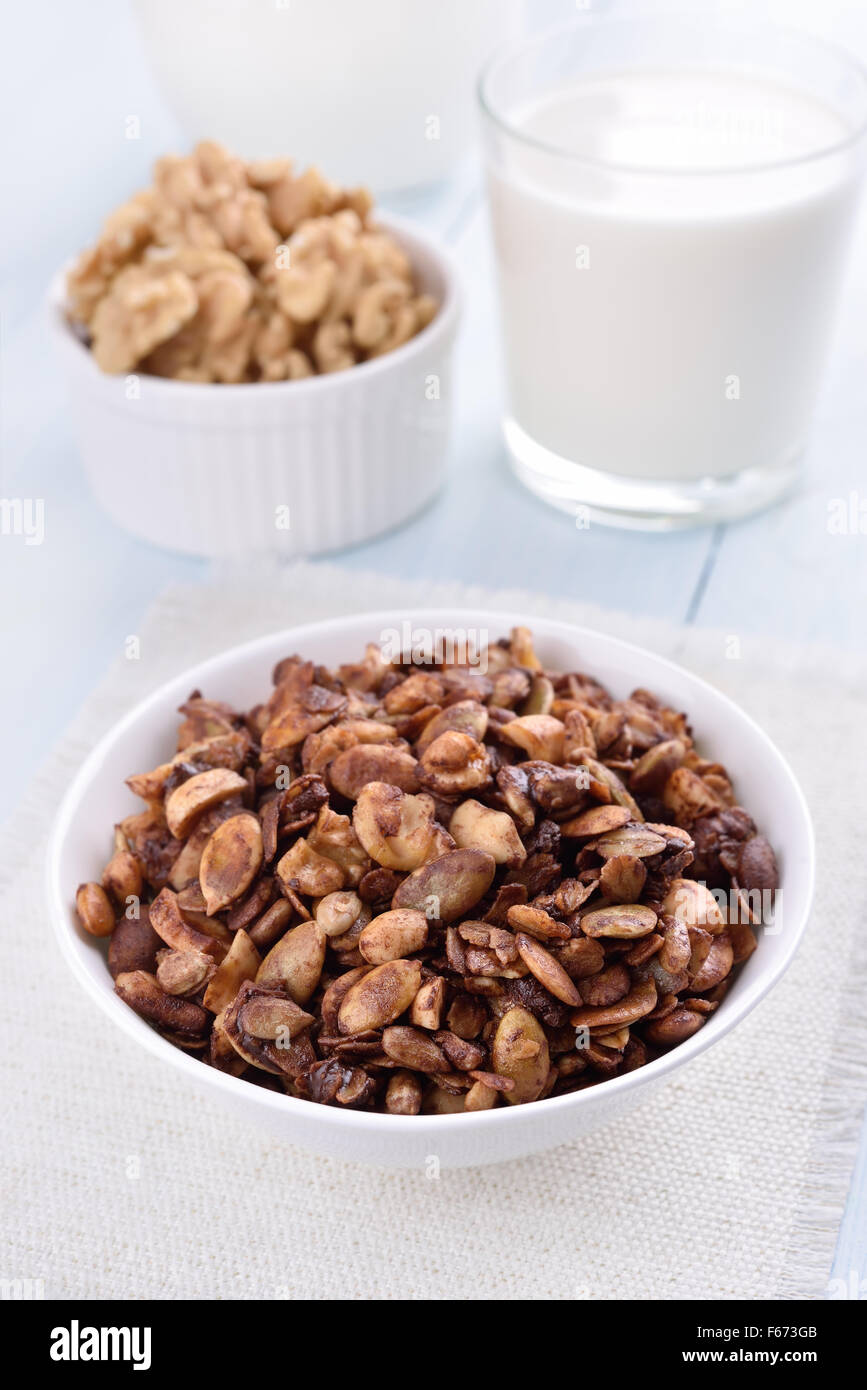 Breakfast chocolate granola and milk Stock Photo Alamy