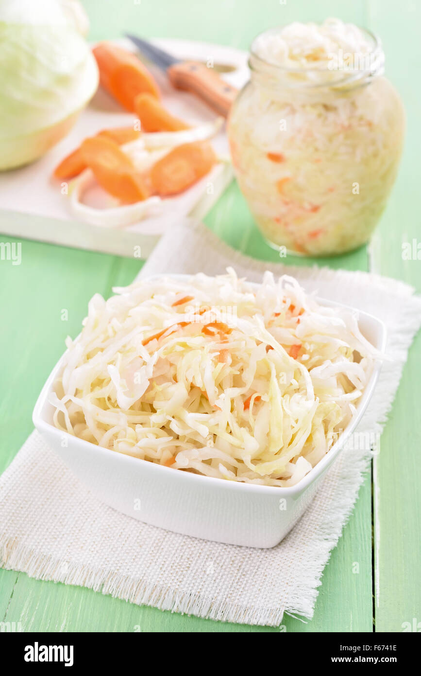 Sauerkraut (pickled cabbage) on wooden green table Stock Photo Alamy