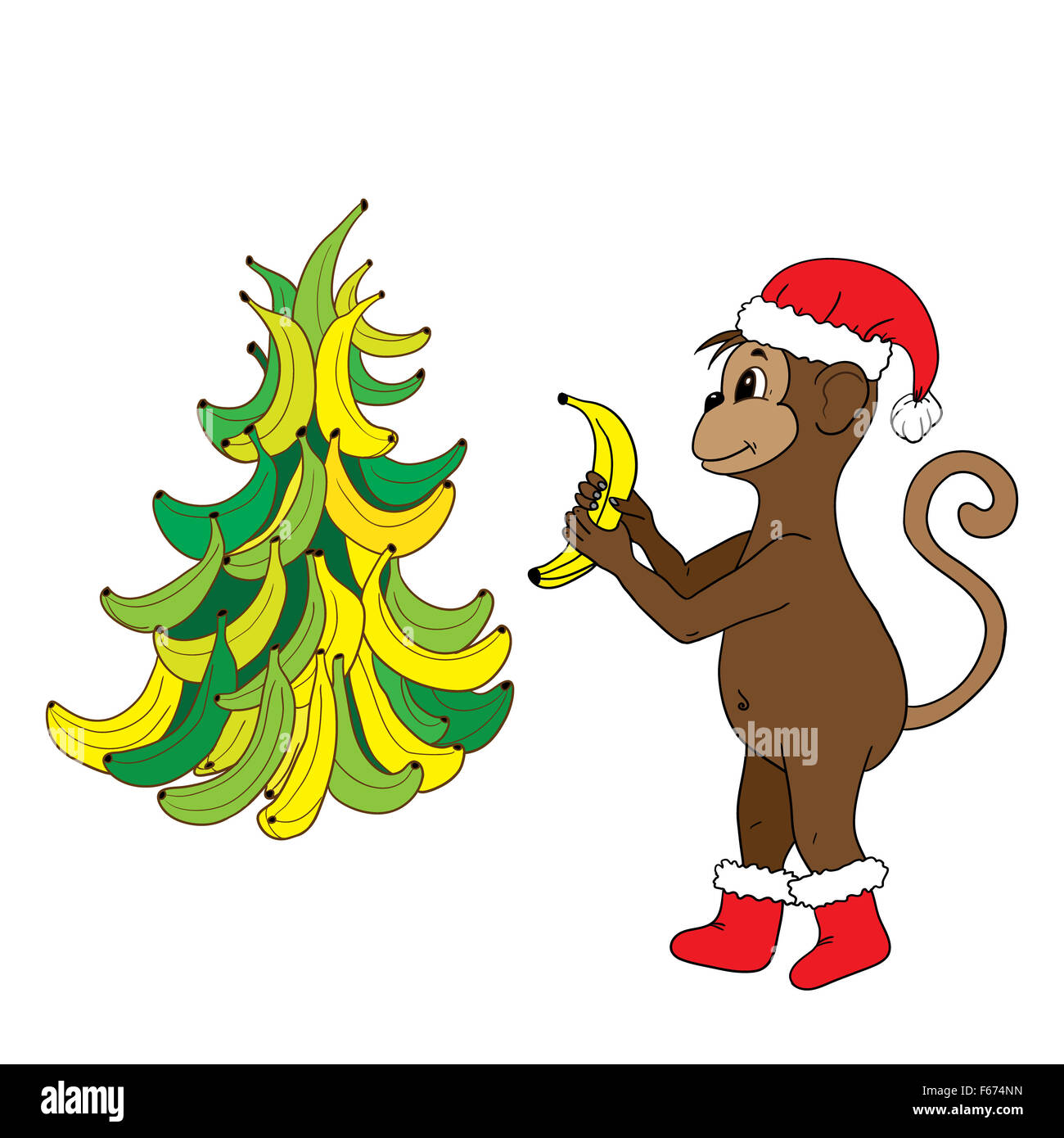 Monkey in red hat and boots with bananas prepares to meet a happy new