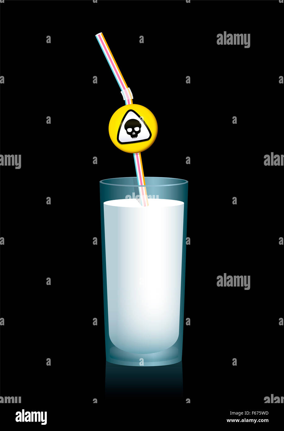 Unhealthy milk - straw with hazard sign on it, as a warning doubtful dairy products. Illustration on black background. Stock Photo