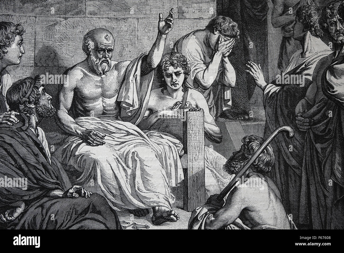 Death of Socrates (469 BC-399 BC)  Classical Greek philosopher. Engraving, 19th century. Later colouration. Stock Photo