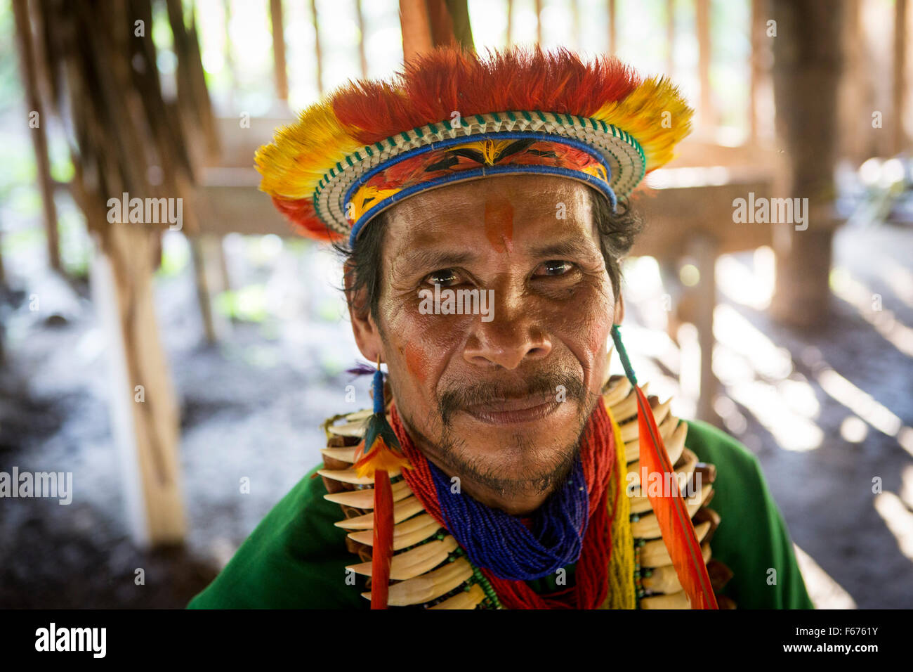 Cuyabeno protected forest reserve , Amazonia , Ecuador. A Shaman from the Siona tribe  in a village next to Rio Aguarico Stock Photo