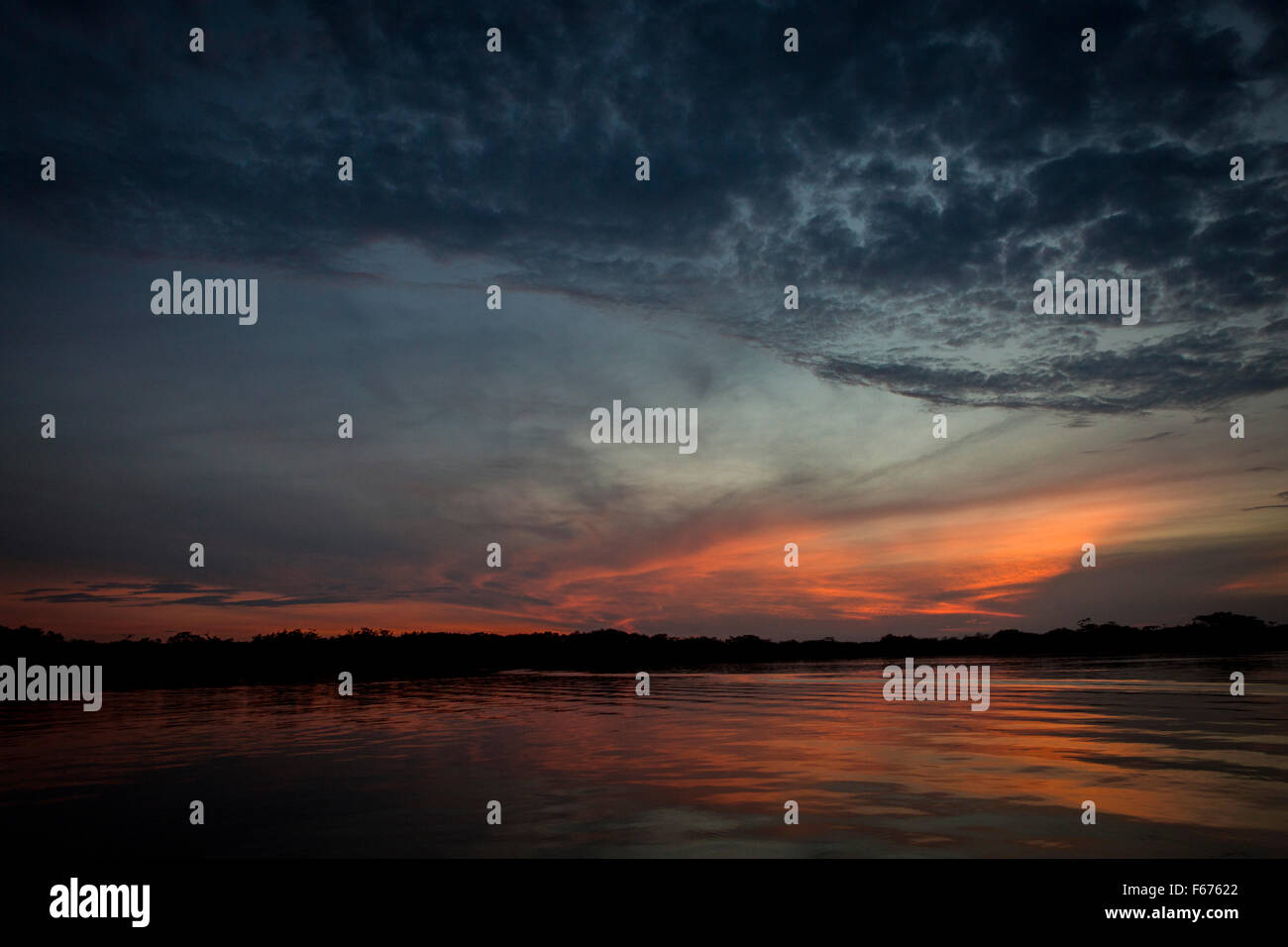 Cuyabeno protected forest reserve , Amazonia , Ecuador. Sunset on a lagoon on Rio Aguarico Stock Photo