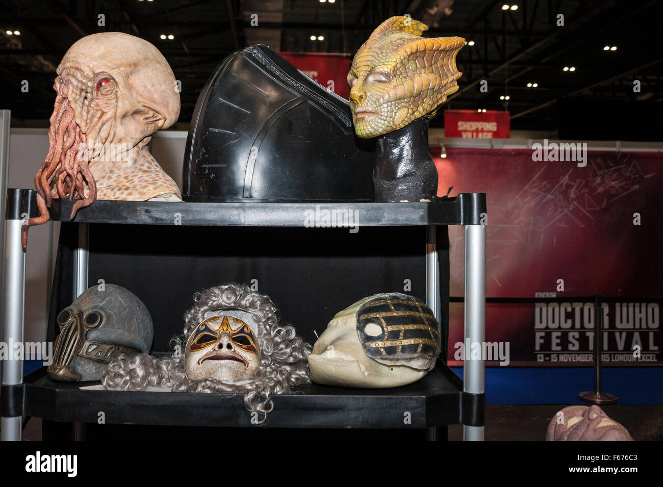 London, UK.  13 November 2015.  Elaborate prosthetics on display for fans gathered at the Excel Centre for the opening of the three day Doctor Who Festival.  The event is a celebration of all things Doctor Who - from costumes, behind the scenes, monsters and more. Credit:  Stephen Chung / Alamy Live News Stock Photo