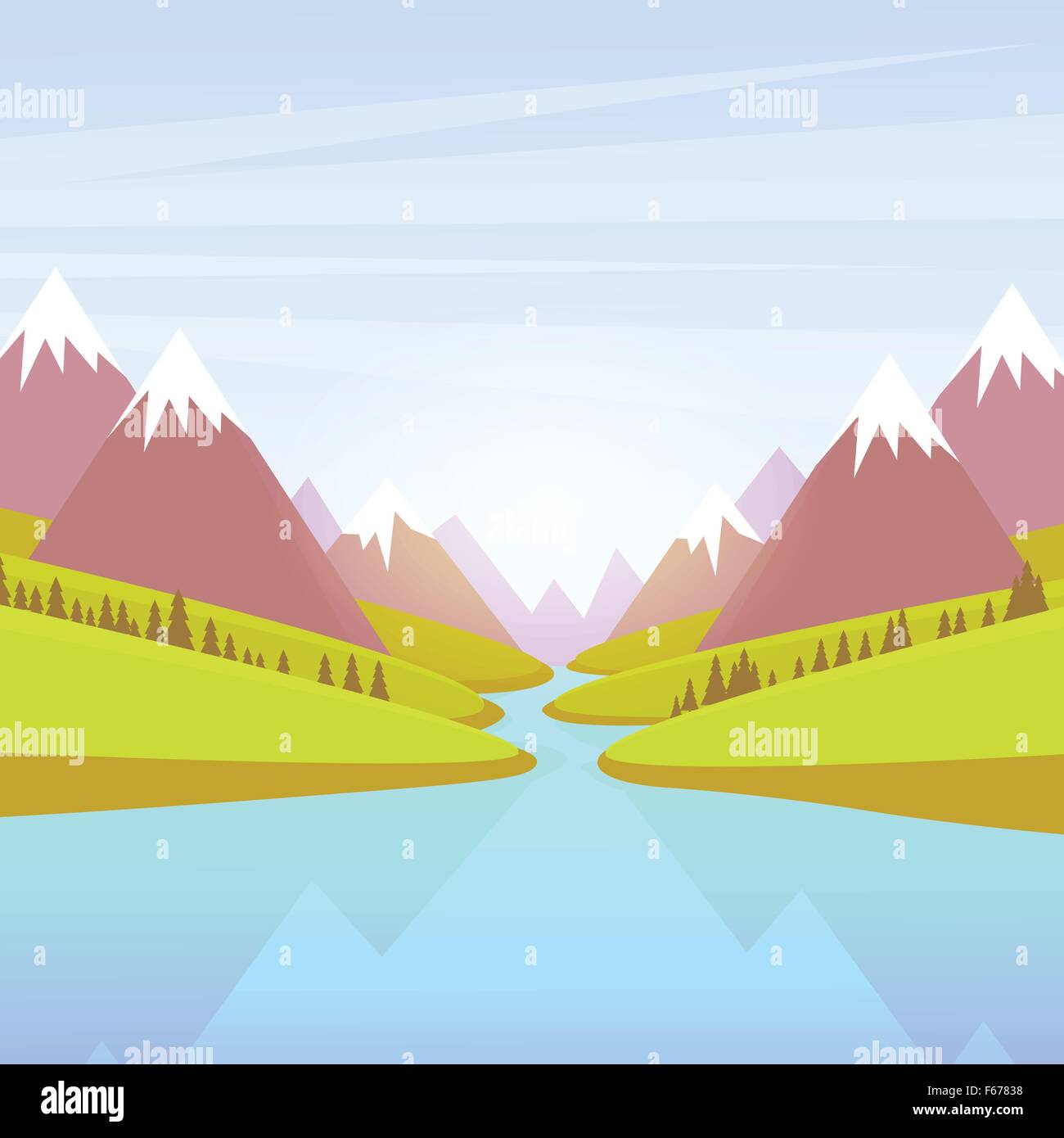 Mountain Water River Landscape Forest Green Park Blue Sky Stock Vector ...