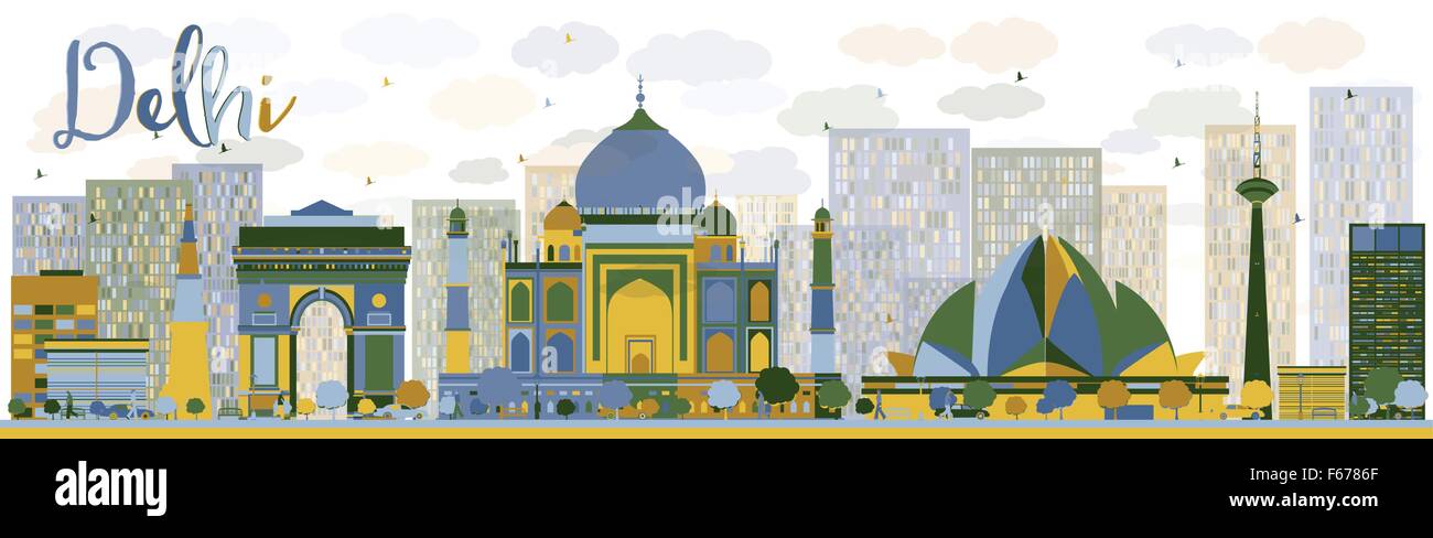 Abstract Delhi skyline with color landmarks. Vector illustration. Business travel and tourism concept with historic buildings. I Stock Vector