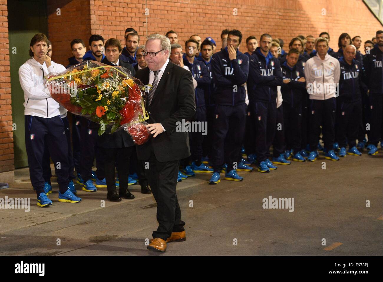 12.11.2015. King Baudouin Stadium (Formerly Heysel Stadium) Brussels, Belgium. The Juventus team visit the location where 39 fans from Liverpool and Juventus were killed during riots at the European cup final in May 1985 (30 years ago).  De Keersmaecker Francois President of Royal Belgian Football Federation Stock Photo