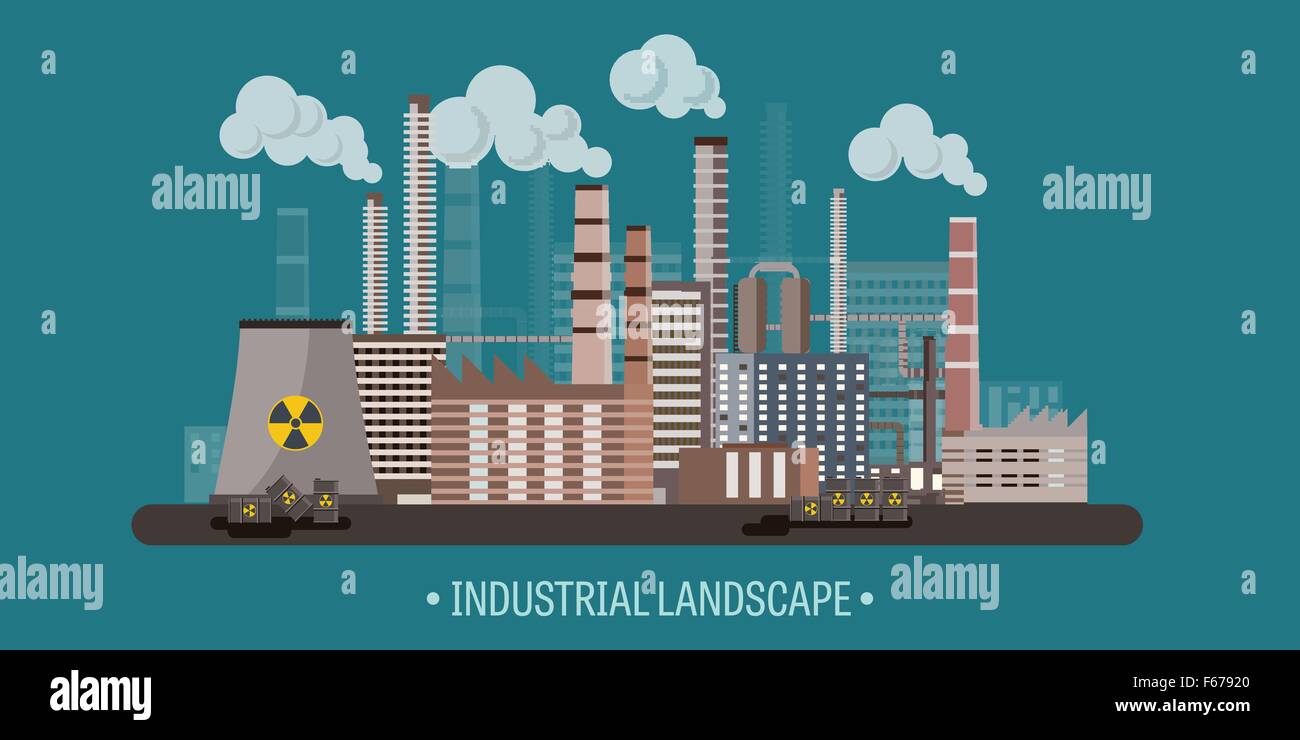 Vector illustration. Urbanization. Industrial revolution. Pipe. Air