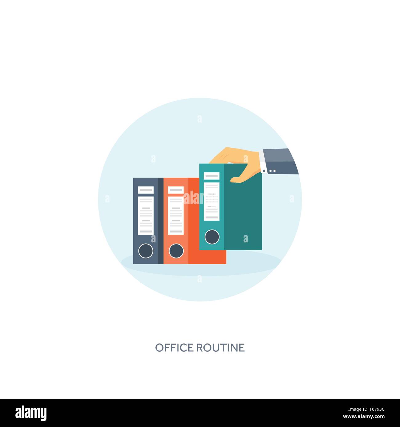 Vector illustration. Flat background Paperwork ,office routine, documents. Workspace. Hand with folders. Stock Vector