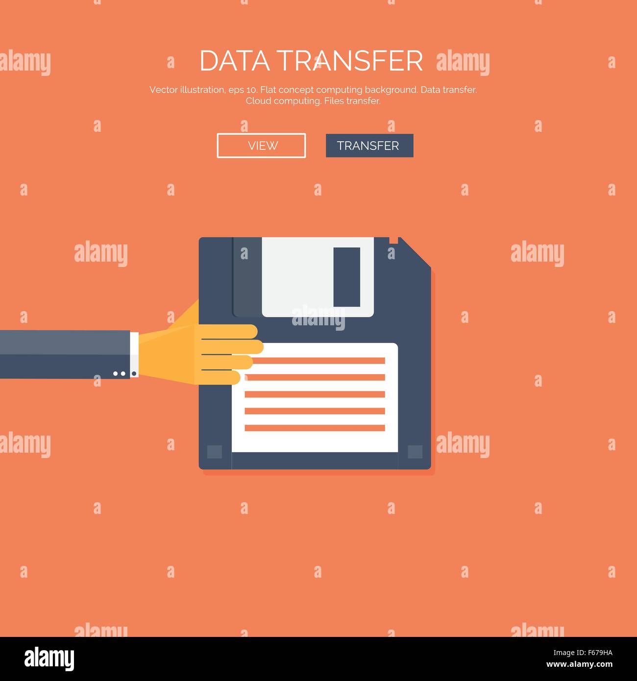 Vector illustration. Flat background with hand ,floppy disc. Data
