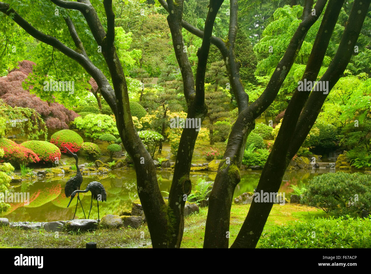 Heron statues at Upper Pond, Portland Japanese Garden, Washington Park
