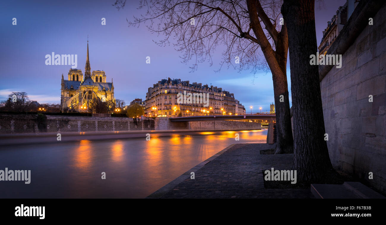 Illuminated Notre Dame de Paris Cathedral at Twilight on Ile de la Cite. Reflection of city lights on the Seine River, Paris Stock Photo