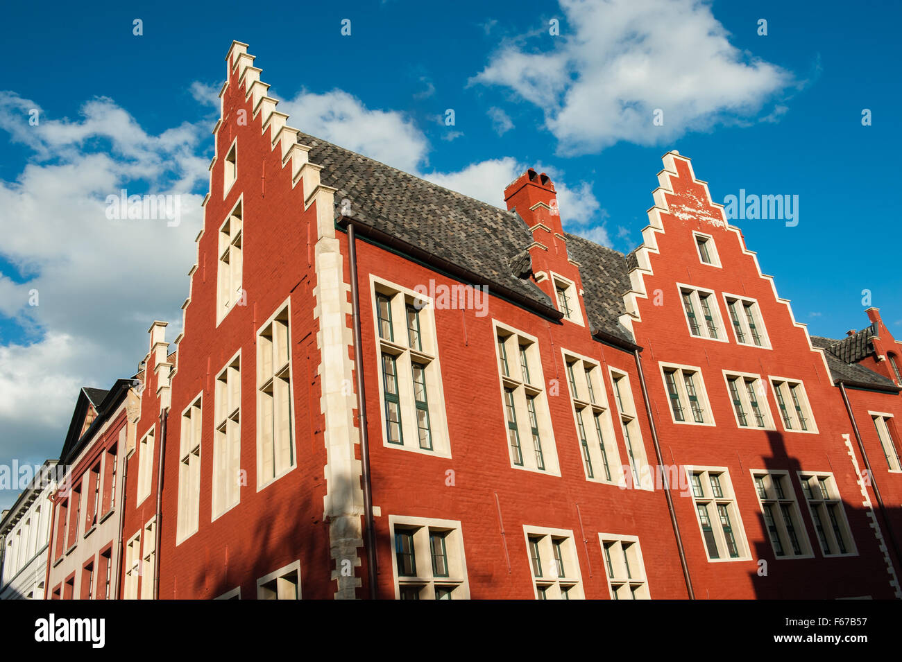 Red gable roof of a historic house in Ghent, Belgium. Stock Photo