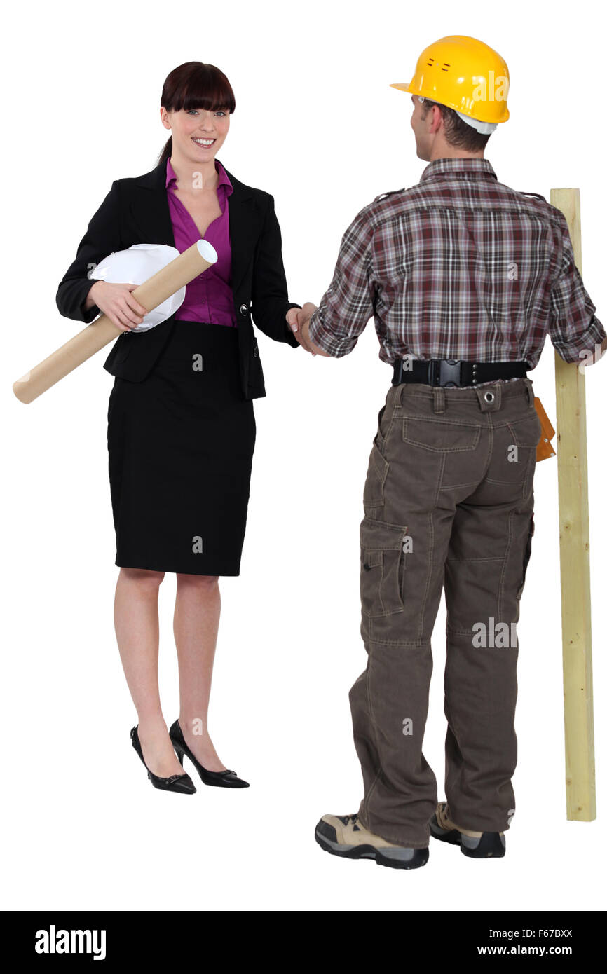 Female architect and male carpenter Stock Photo