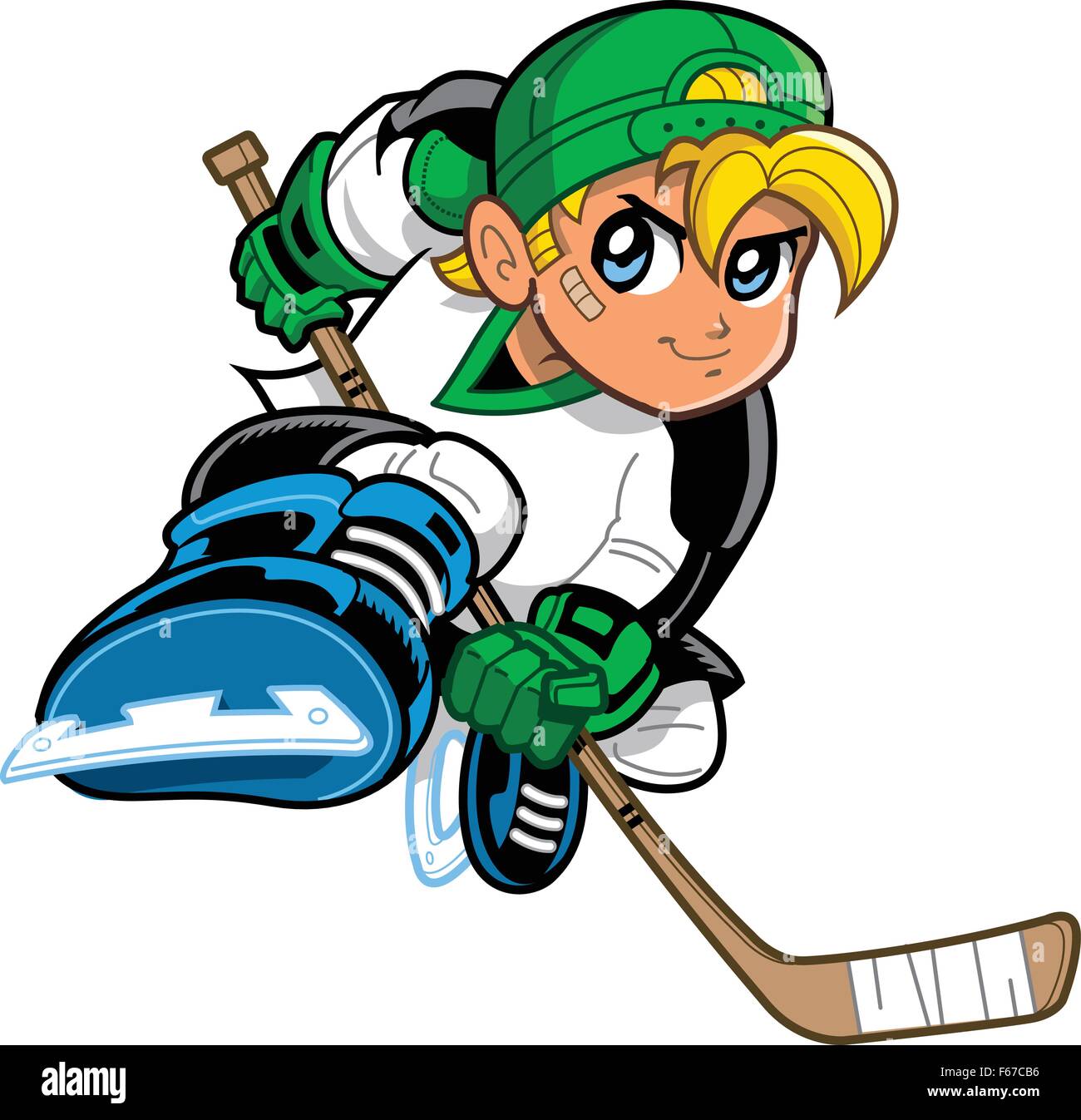 Anime and manga style blonde boy ice hockey player, with mischievous smile and determined look on his face, skating and holding  Stock Vector