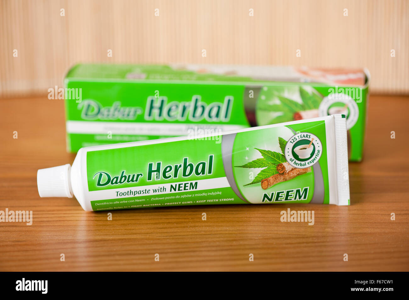 Dabur Herbal toothpaste with Neem by Naturelle LLC, origin country United Arab Emirates, oral health in 100ml plastic tube green Stock Photo
