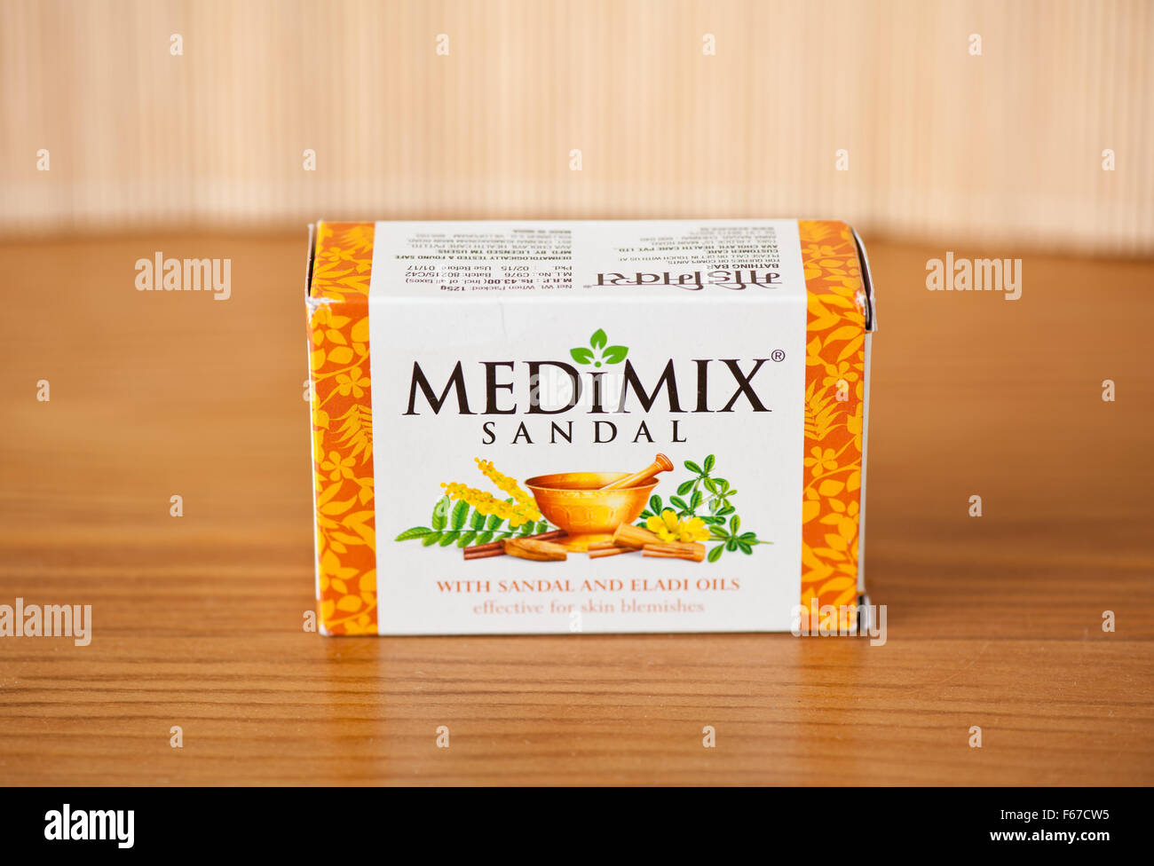 Medimix sandal soap, hand made cosmetic for skin with sandal and eladi oils, effective for skin blemishes, 125g in carton pack Stock Photo