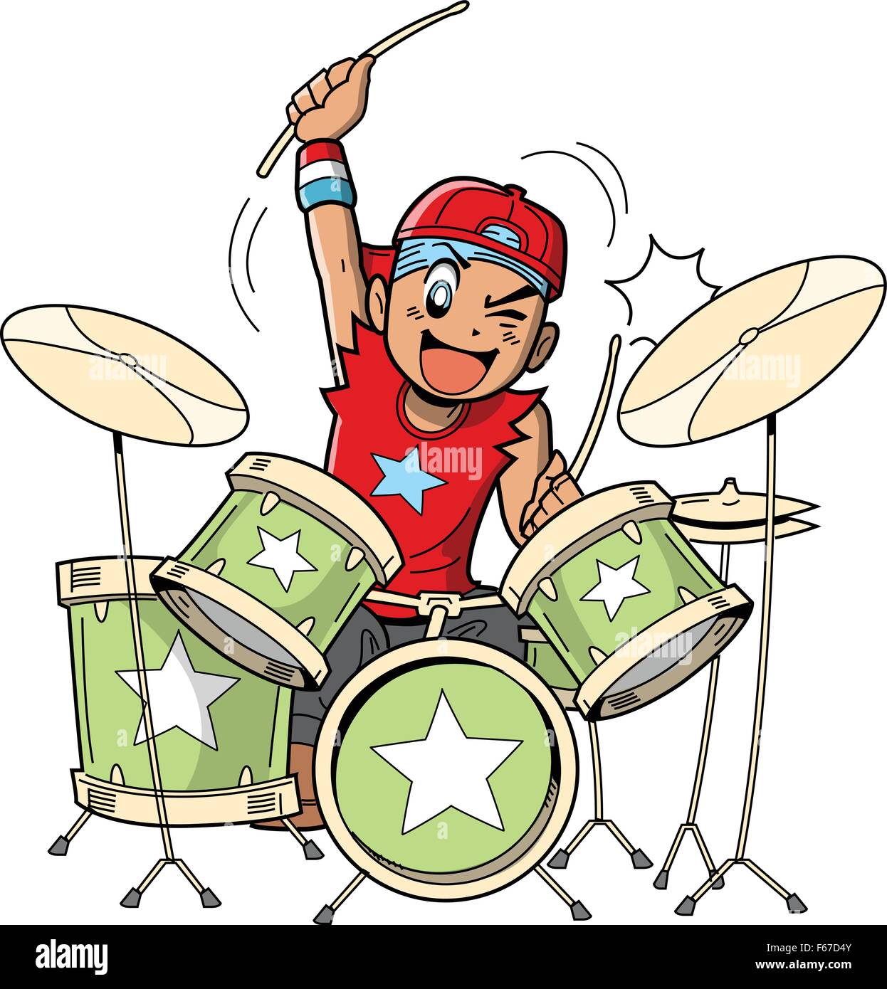 Fun anime and manga style cartoon drummer rocks out when he's playing drums Stock Vector