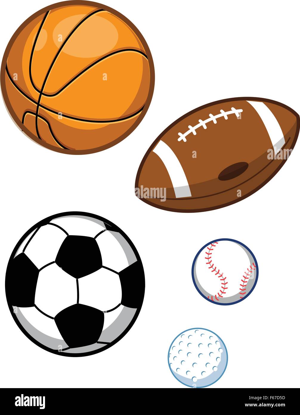 Assorted Sports Balls; Basketball, Football, Soccer Ball, Baseball, Golf Ball Stock Vector
