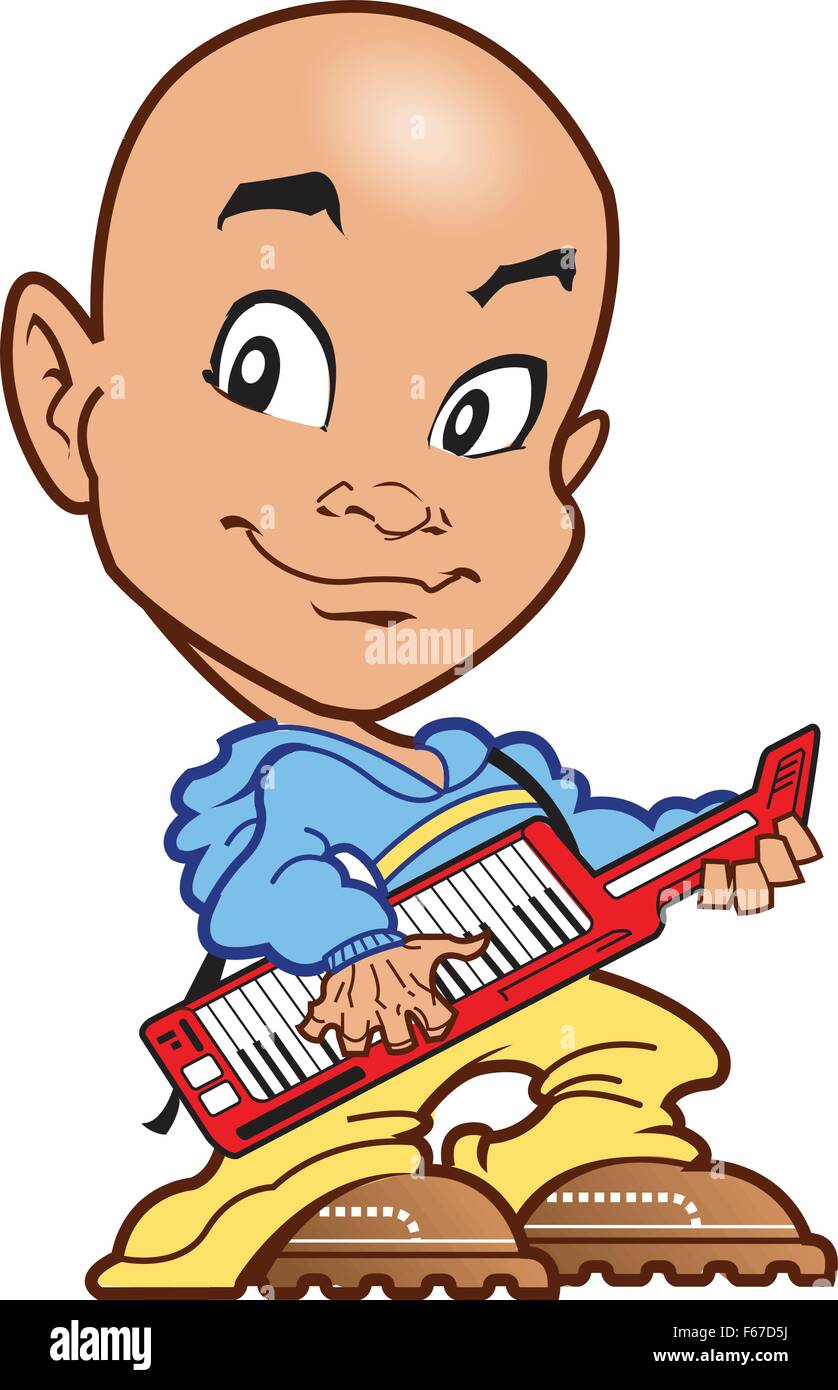 Bald Techno Keyboard Player on the Keytar Stock Vector