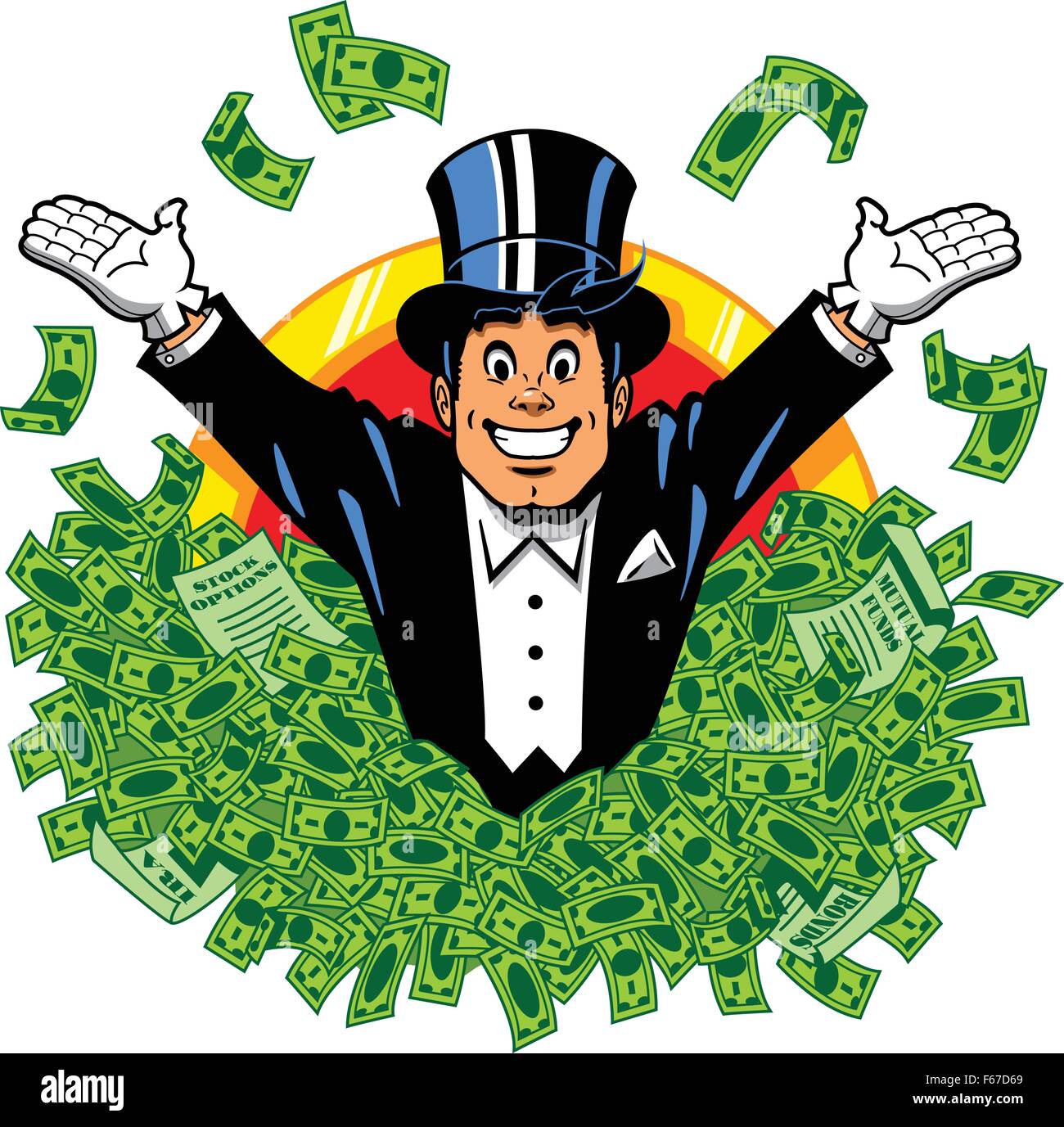 Rich wealthy happy millionaire billionaire with top hat and tuxedo surrounded by money. Stock Vector