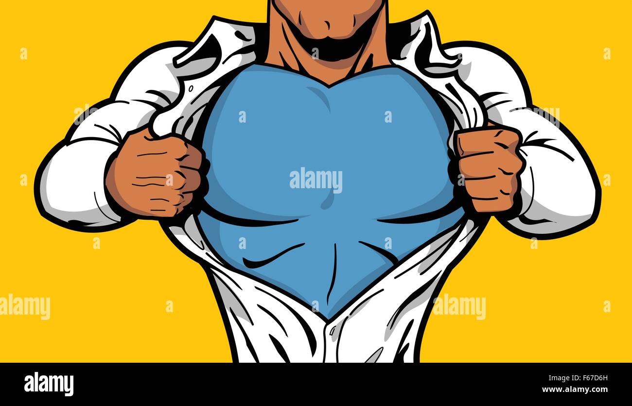 Black comic book superhero opening shirt to reveal costume underneath with Your Logo on his chest! Stock Vector