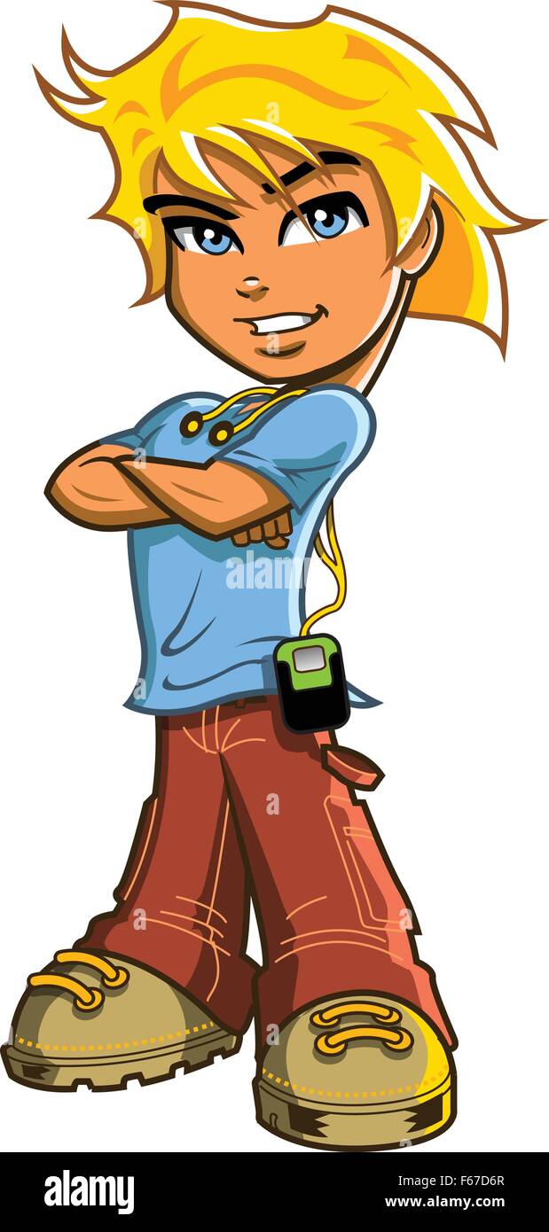 Handsome blonde boy with blue eyes standing with arms crossed and  headphones and music player Stock Vector Image \u0026 Art - Alamy, image size:619x1390