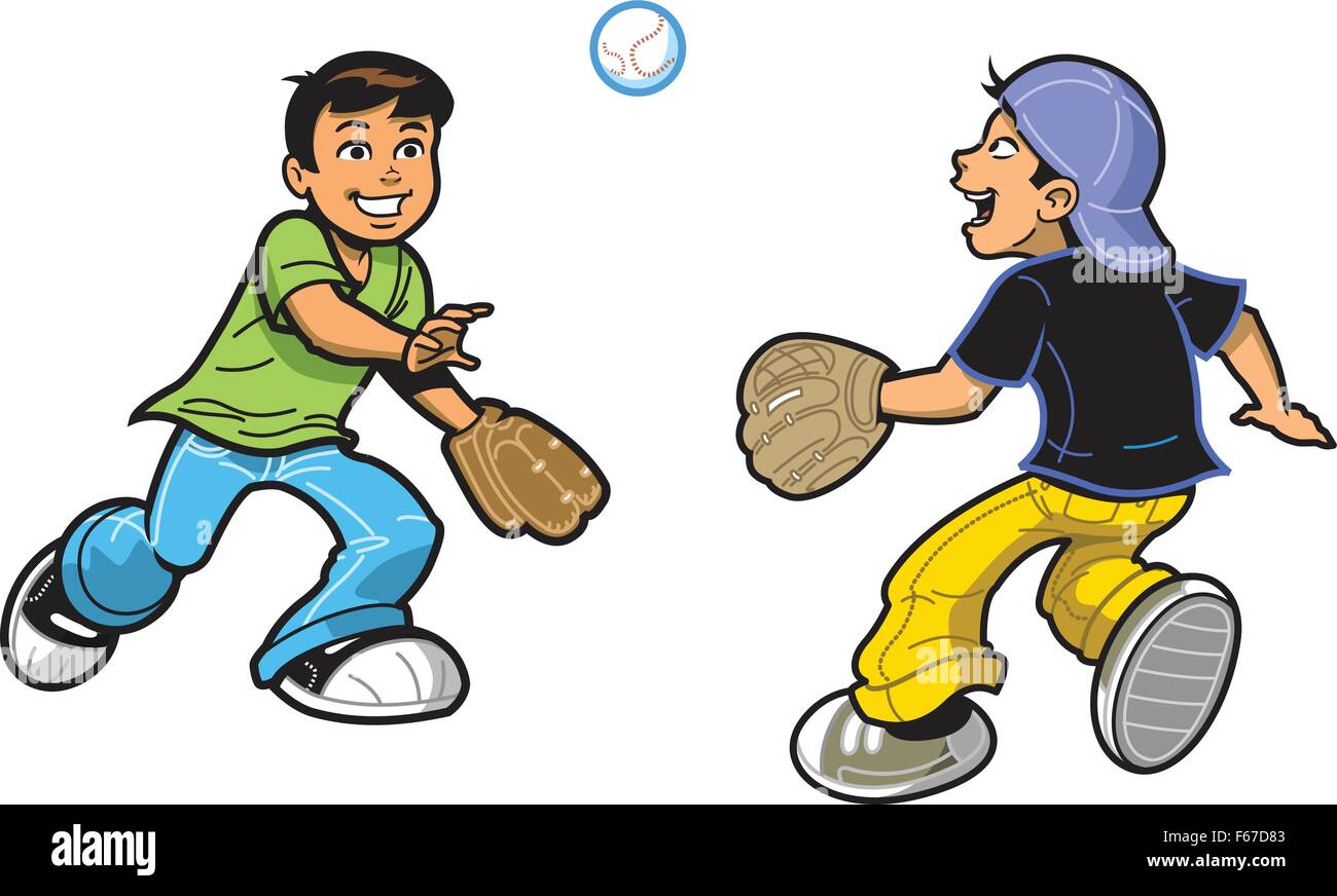 Two Happy Boys Playing Catch with Baseball and Baseball Gloves Stock