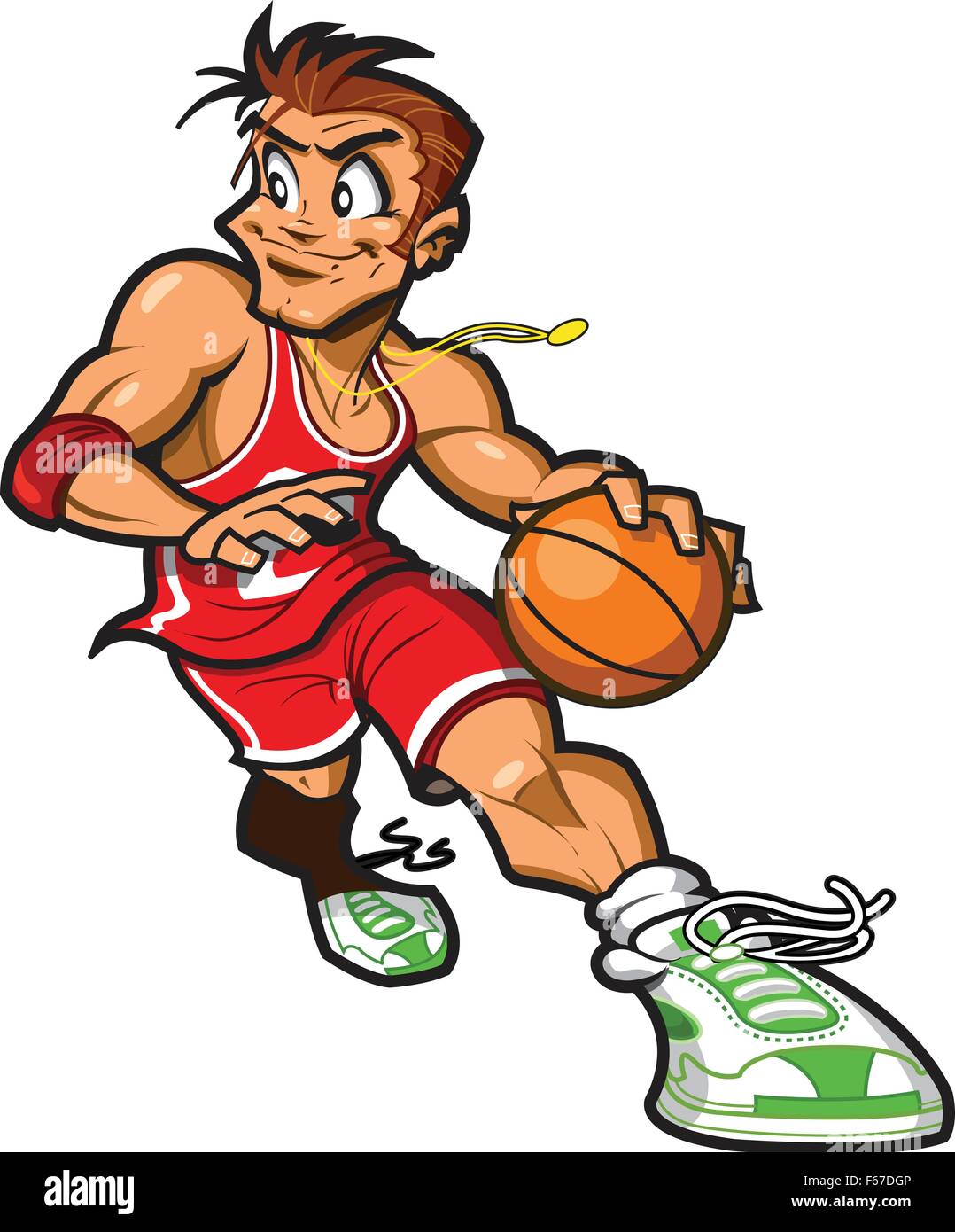 Smiling Caucasian Basketball Player Dribbling the Basketball About to Take a Shot Stock Vector