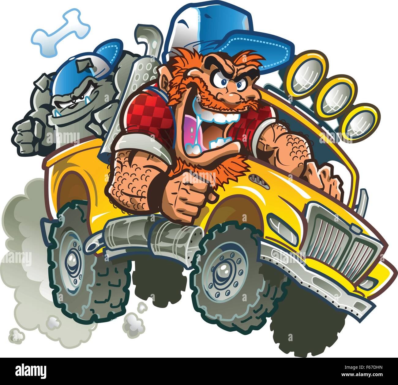 Wild Crazy Redneck In Pickup Truck with Trucker Hat, Red hair, Beard and Bulldog Stock Vector