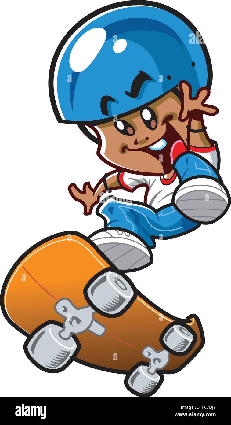 Happy Young Smiling Ethnic Boy Riding a Skateboard Stock Vector