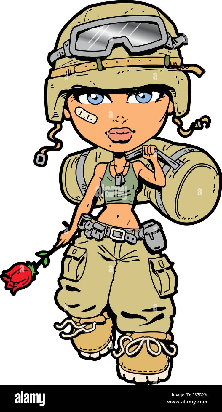 Returning Female Soldier Holding a Rose Stock Vector