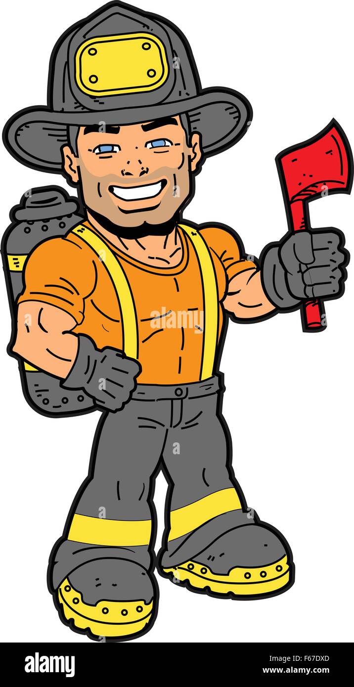 Handsome Smiling Fireman Holding an Axe Stock Vector