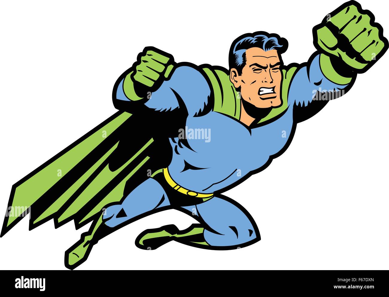 Flying Classic Retro Superhero With Clenched Teeth and Fist Ready To Fight Stock Vector