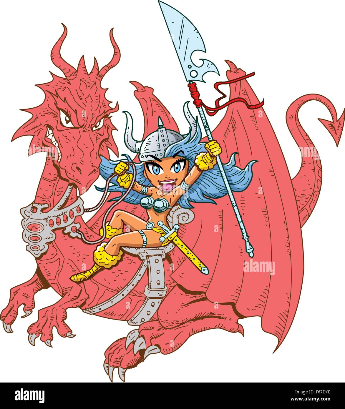 Mythical Girl Dragon Rider with Sword and Spear Stock Vector
