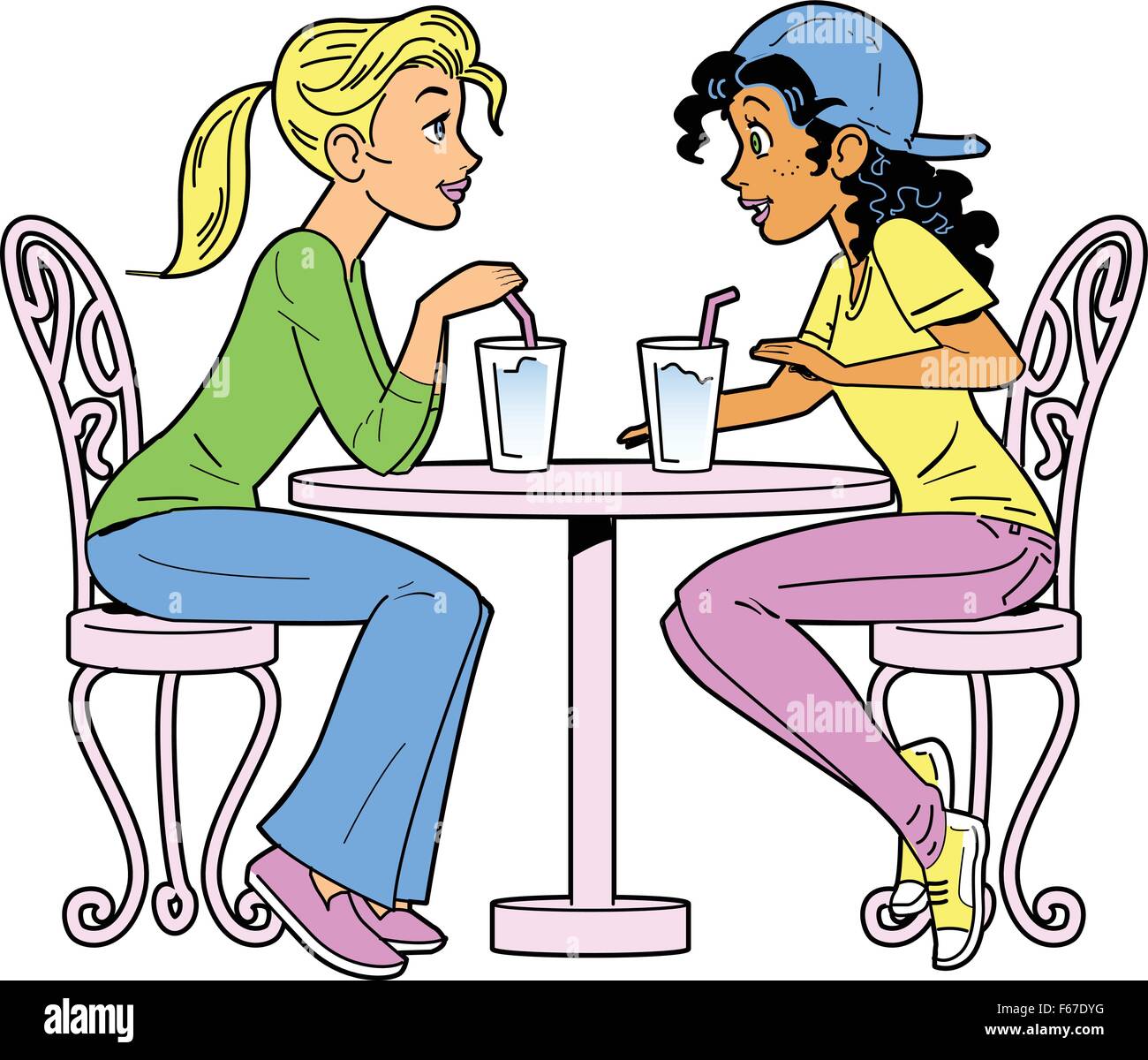 Two Girlfriends at a Bar or Cafe Having a Drink Stock Vector