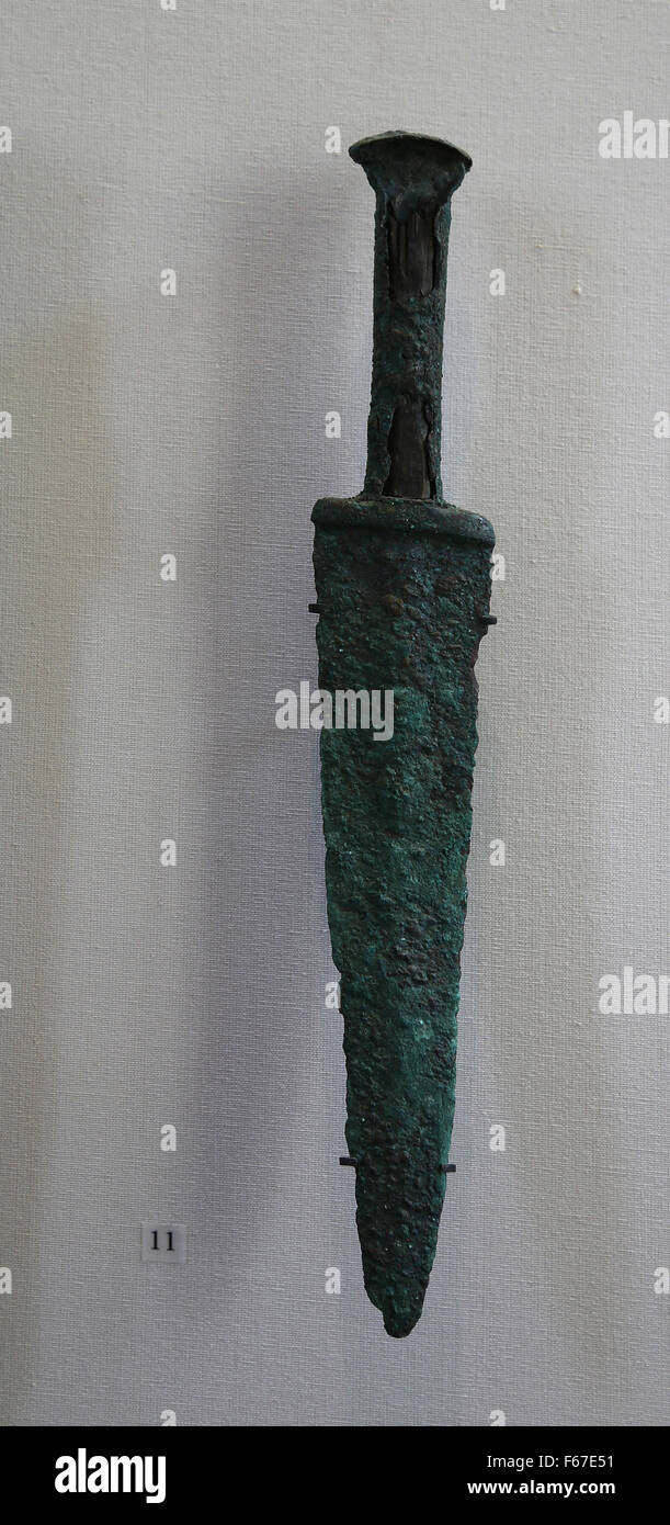 Luristan bronze  dagger. 1500 to C. 500 BC., Iron II. Iran. Near East. Museum of Louvre. Paris. France. Stock Photo