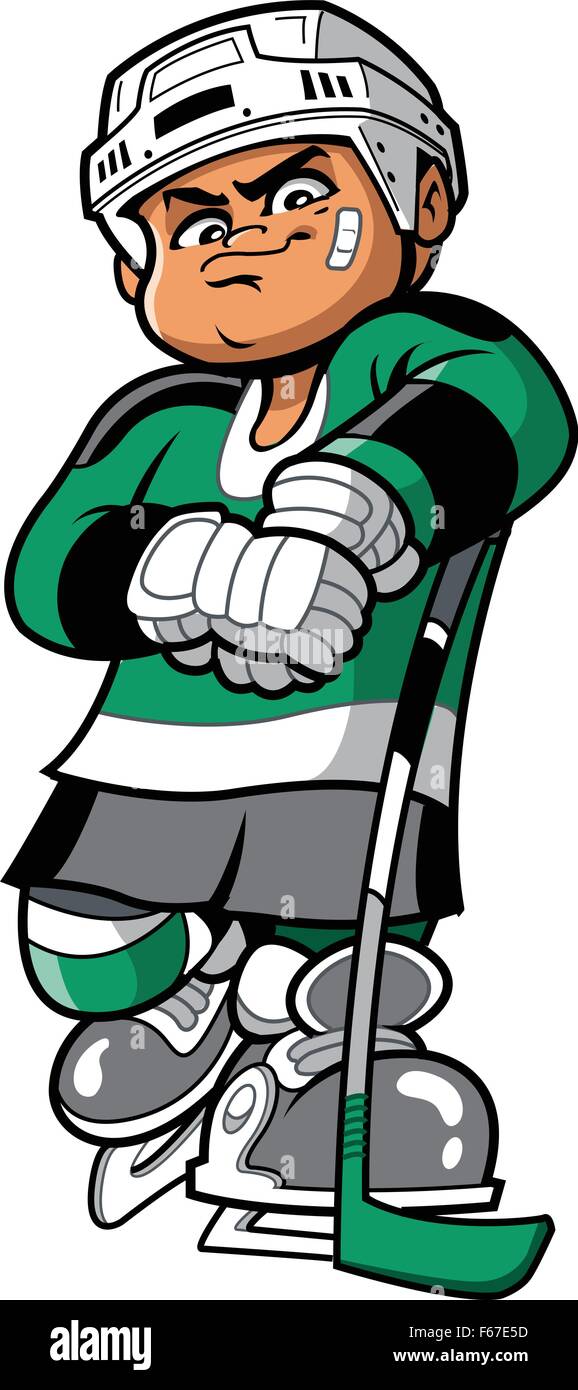 Cool confident and tough ice hockey player with bandage on face, skates and hockey stick showing attitude Stock Vector