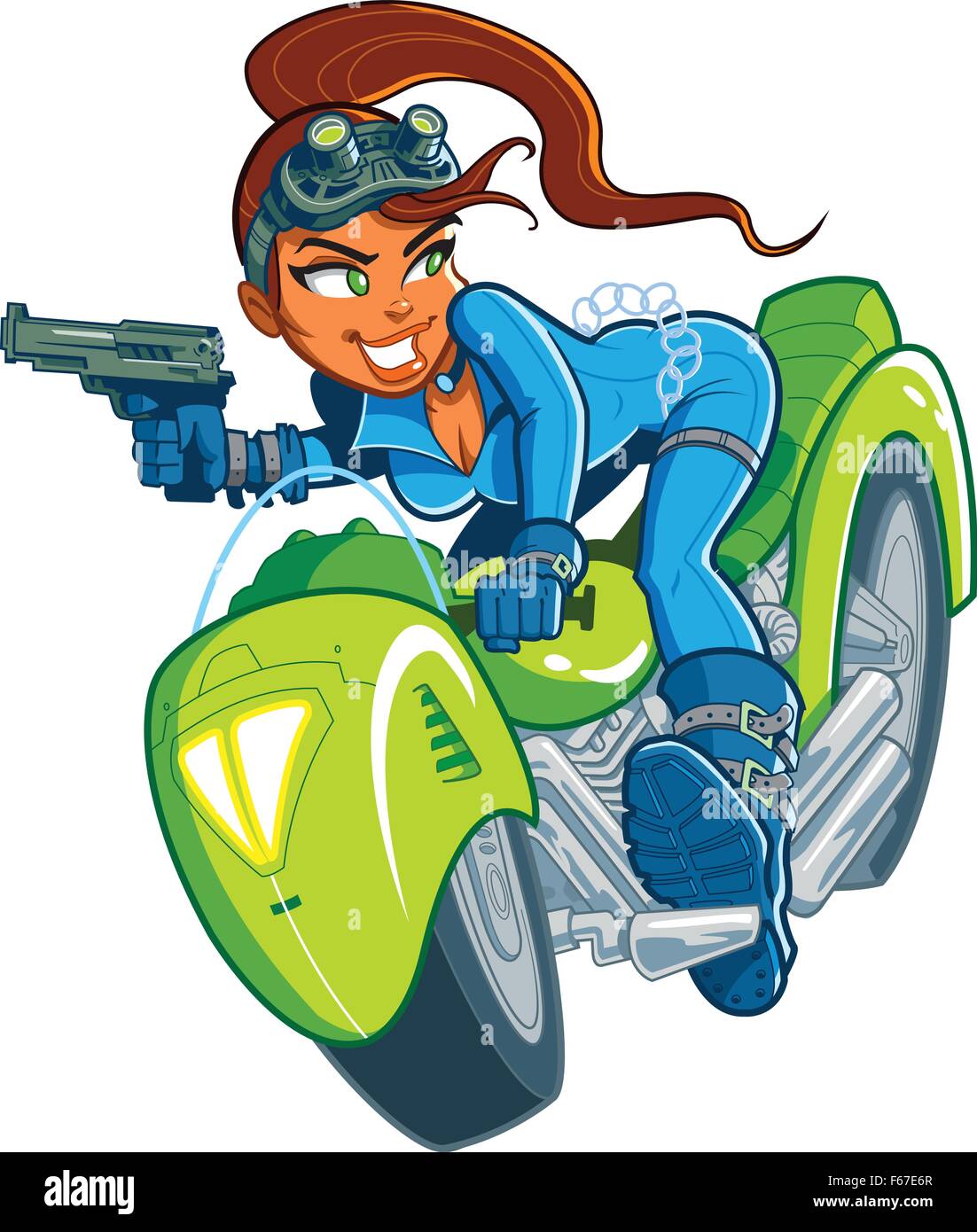 Sexy Action Hero Spy Girl with Gun in Motorcycle Car Chase Stock Vector