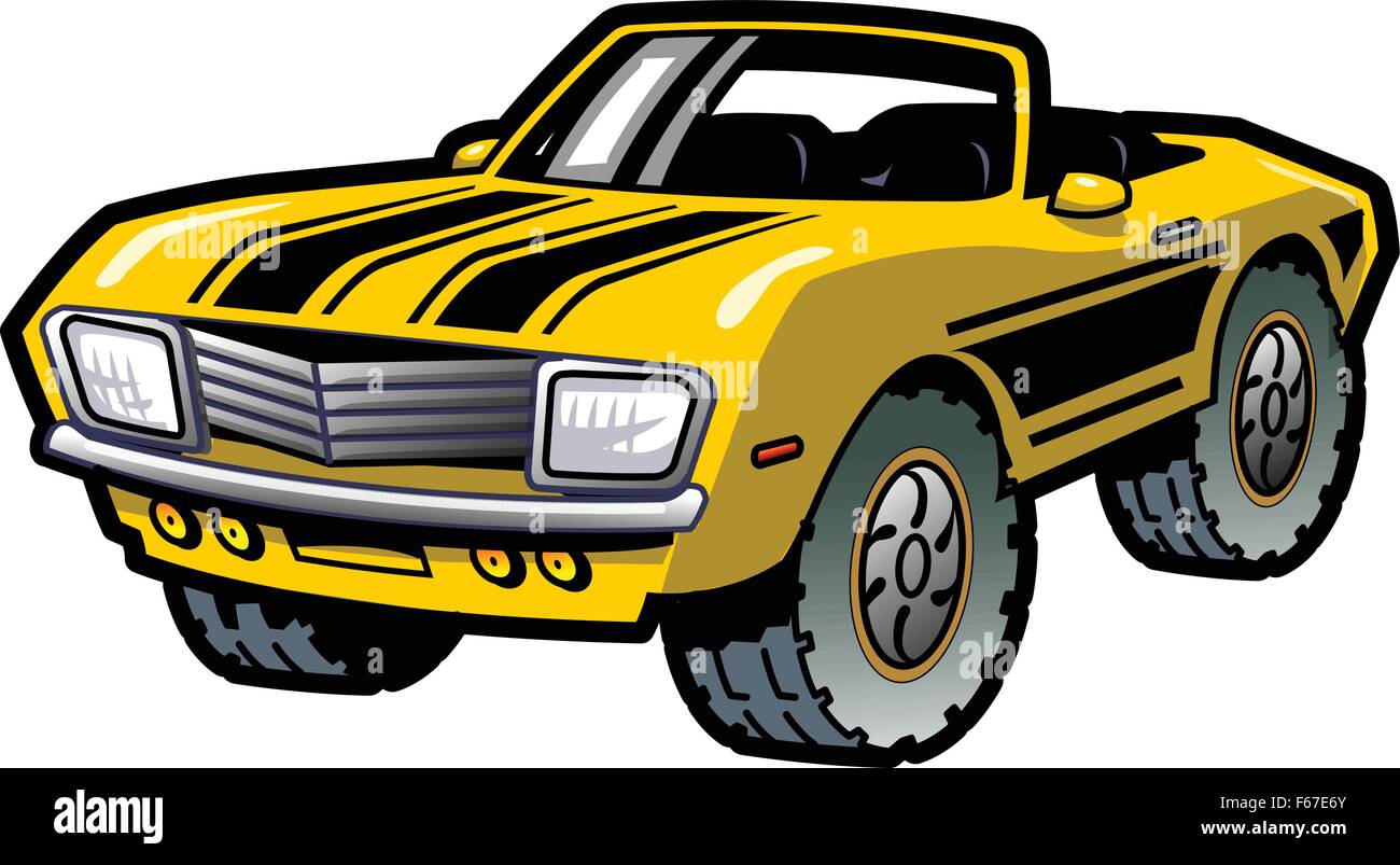 Cool Retro Yellow Convertible Muscle Car With Black Stripes Stock Vector