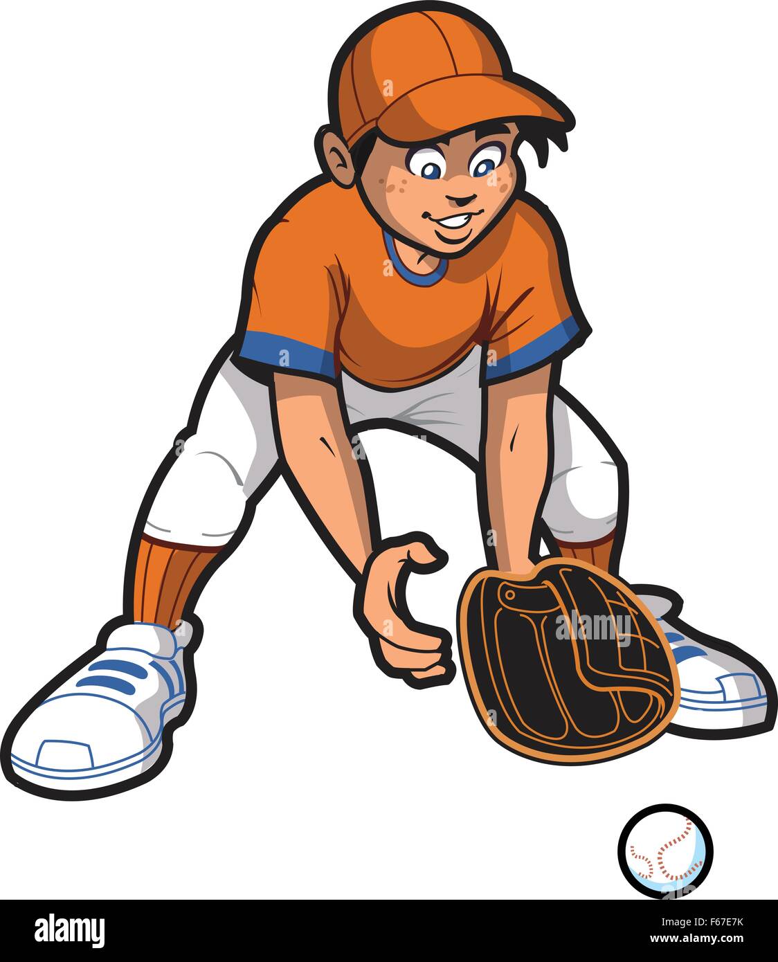 Young Man Baseball Softball Outfielder Catching a Ground Ball Stock