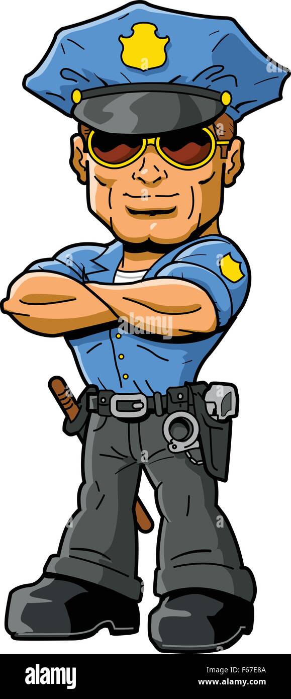 Tough confident macho policeman with cool sunglasses and arms folded across chest Stock Vector