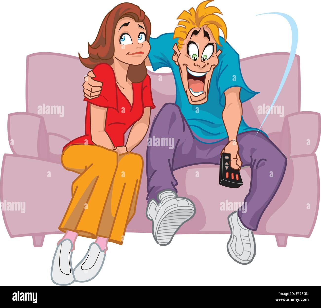 Happy Man on Couch With the TV Remote Control and Unhappy Wife/Girlfriend Stock Vector