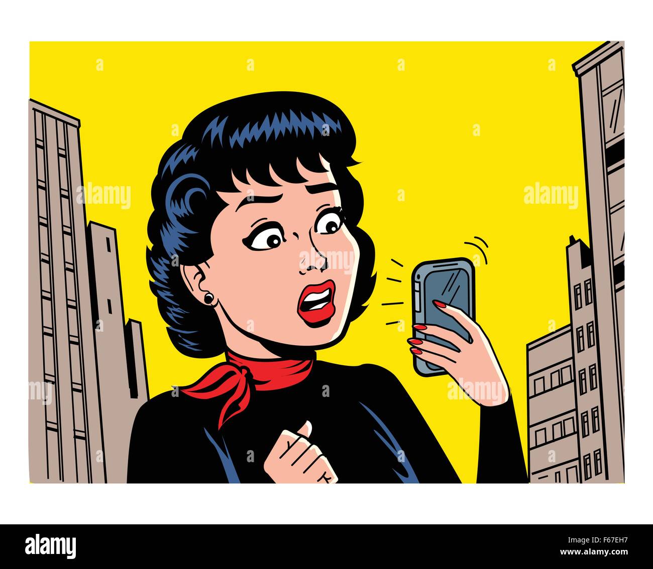 Ironic Satirical Illustration of a Retro Classic Comics Woman With a Modern Smartphone Stock Vector