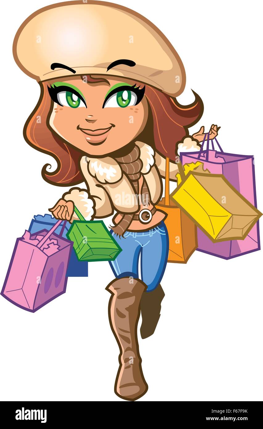Pretty stylish brunette girl is very happy out on a shopping trip carrying shopping bags Stock Vector