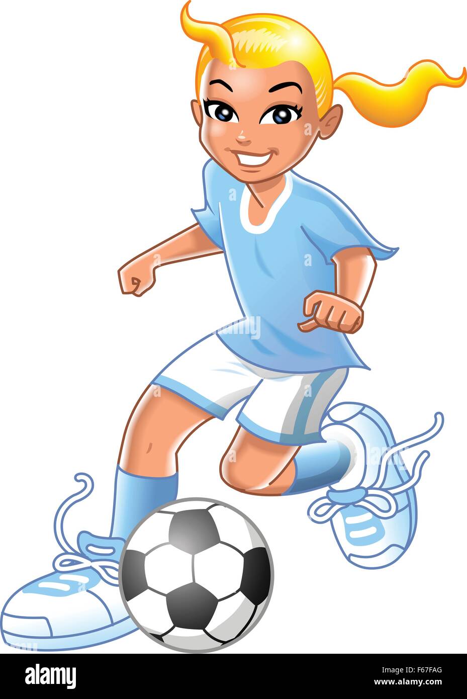 Pretty smiling young blonde girl playing soccer or football, dribbling the soccer ball Stock Vector