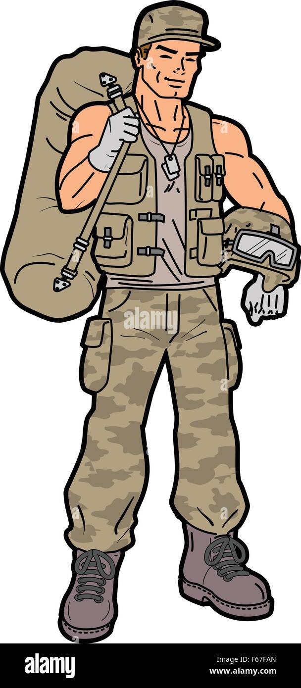 Handsome Smiling American Soldier with Duffel Bag Stock Vector