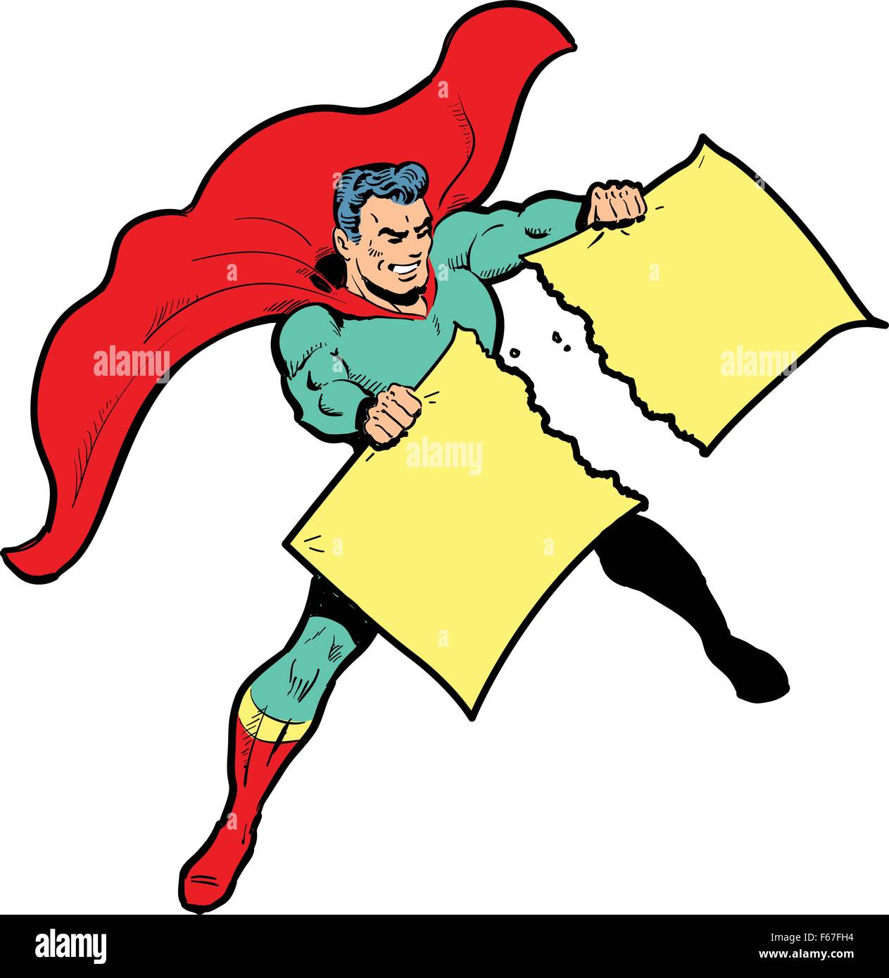 Classic superhero ripping paper or sign (for which you provide your own text or graphics) in half Stock Vector