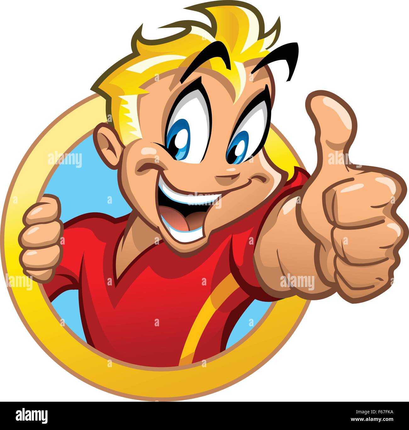 Happy smiling excited blonde boy in circle banner holding thumbs up with high energy. Stock Vector