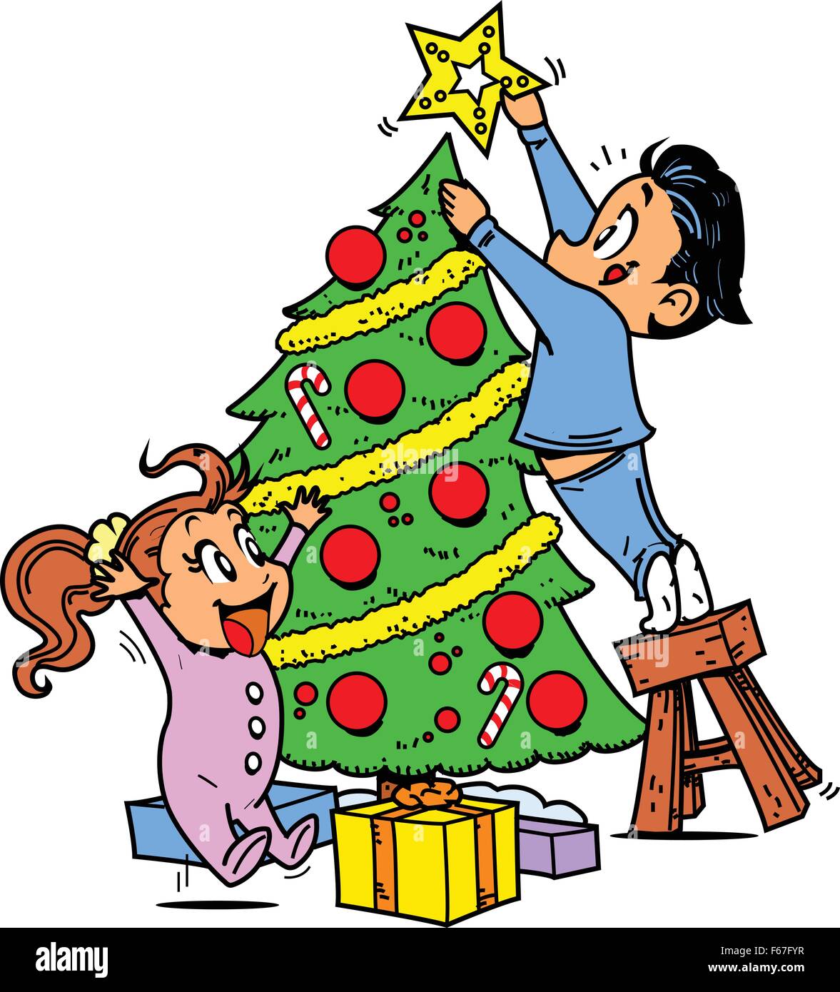 Young Boy and Girl Trimming the Christmas Tree and Putting the Star on Top Stock Vector